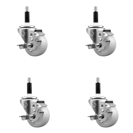 Service Caster 3'' SS Nylon Swivel 7/8'' Expanding Stem Caster Set with Brake, 4PK SCC-SSEX20S314-NYS-TLB-78-4